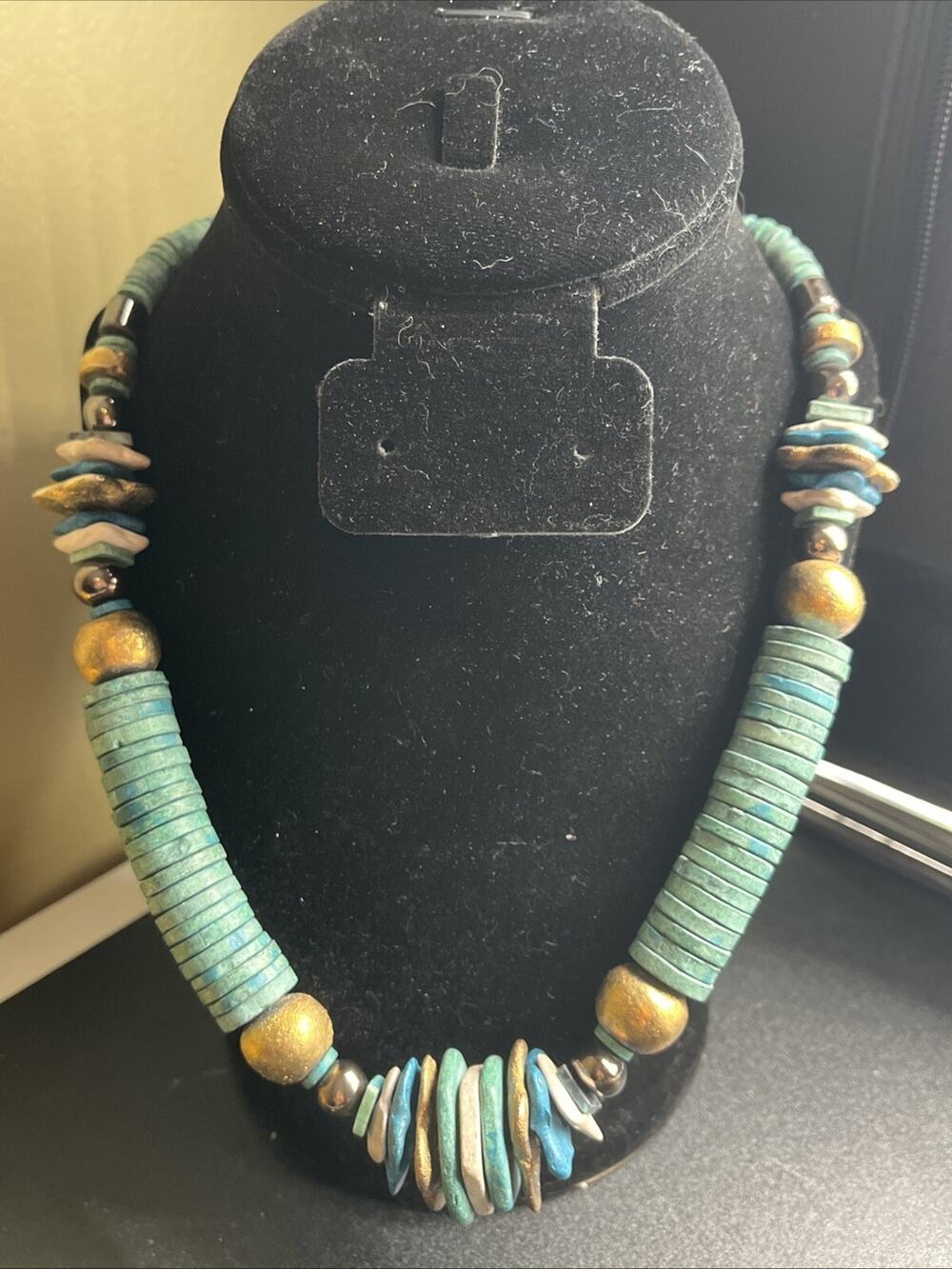 Turquoise Wooden Graduated Stone Necklace Native American Vintage Colorful